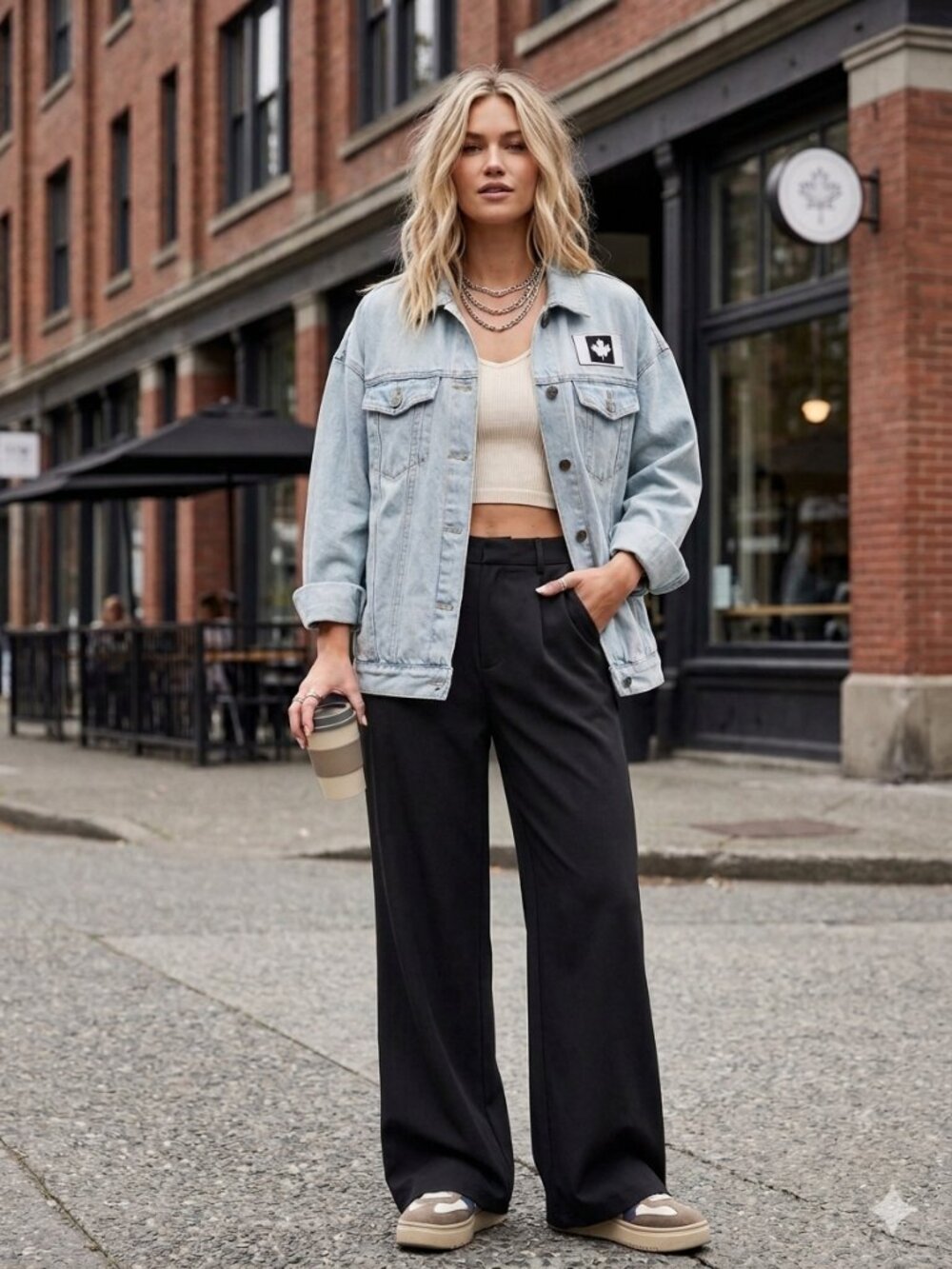 Light Wash Denim Jacket with Maple Patch - Women